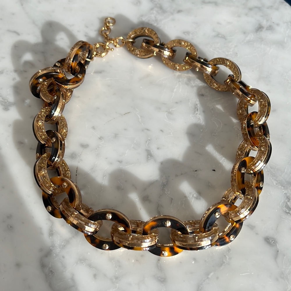 J. Crew Faux Tortoise Shell Lucite Plastic Chain Statement Necklace